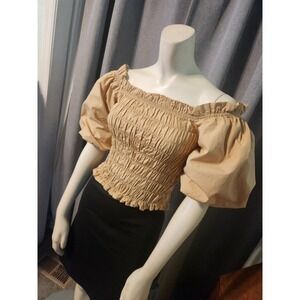 And Now This Off Shoulder Puff Sleeve Smocked Crop Top Fairy Whimsy  Tan XS